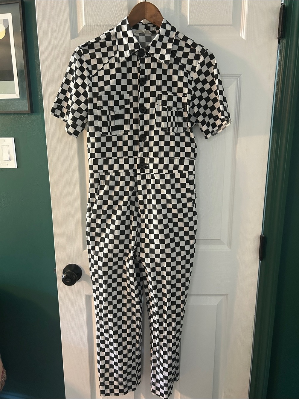 Anthropologie Black and White Checkerboard Short-Sleeve Jumpsuit